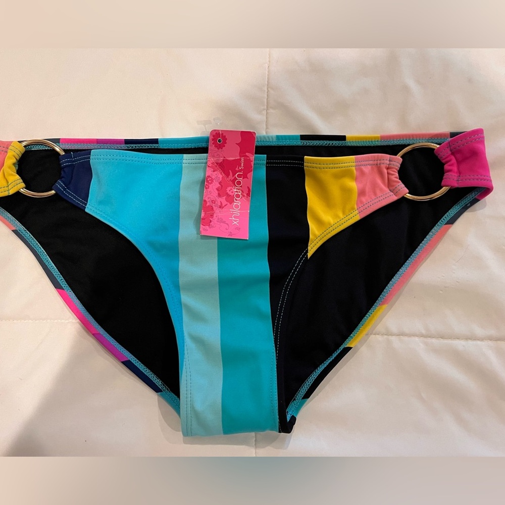 Bikini Swimsuit Bottoms Striped Black Turquoise Pink Xhilaration Gold Ring Large